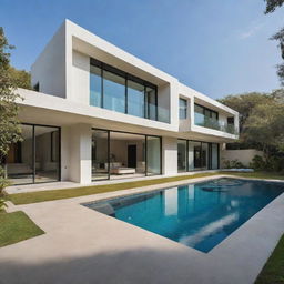 A modern Indian estate, that successfully blends contemporary architecture with traditional Indian elements. Sleek lines, minimalist design, with accents of vibrant colors and intricate details.