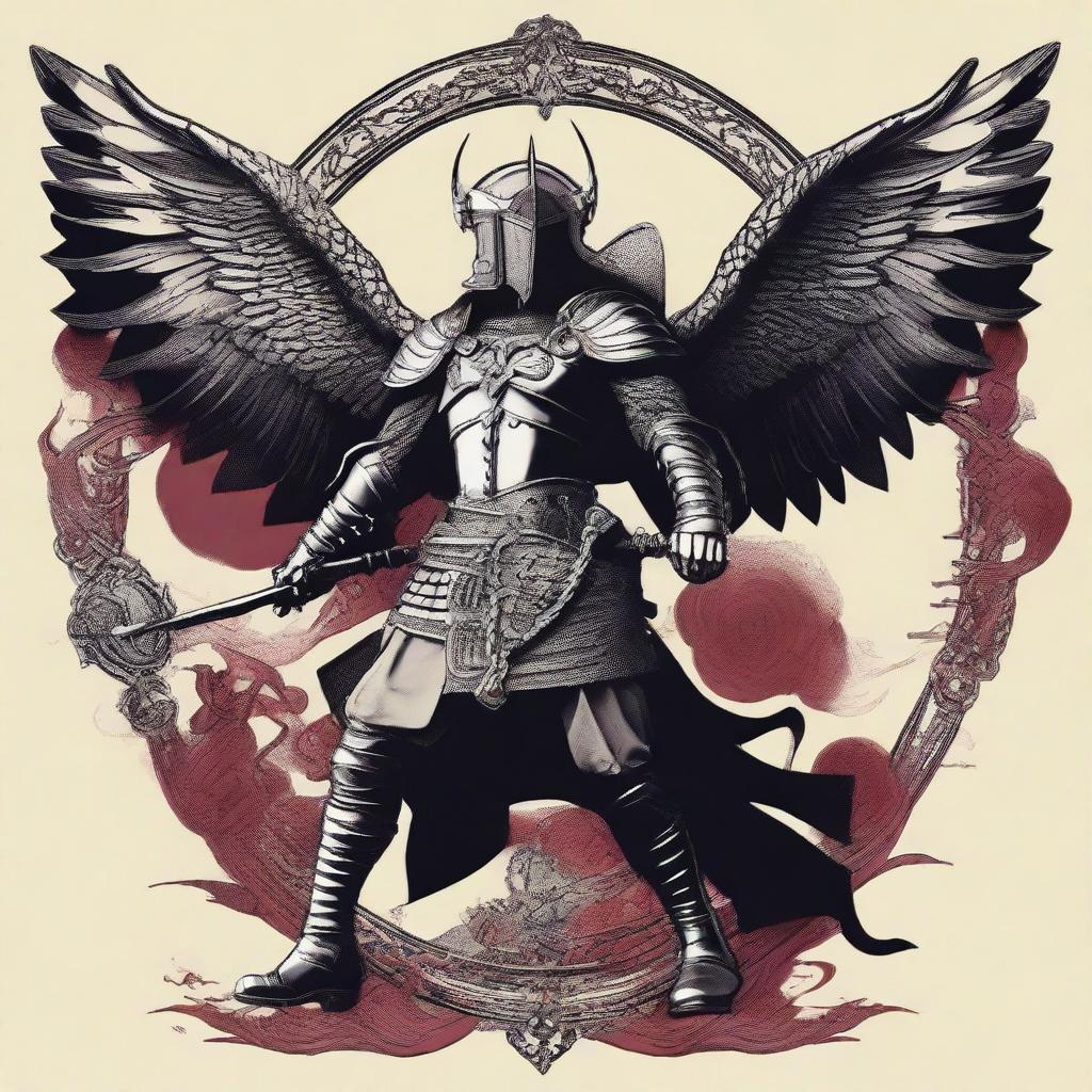 Design a compelling and edgy graphic 2D design that embodies Michael the archangel adorned in full armor fighting the dragon or Satan as read in the book of Revelation, infused with a masculine aesthetic inspired by @fearthelamb's TikTok channel