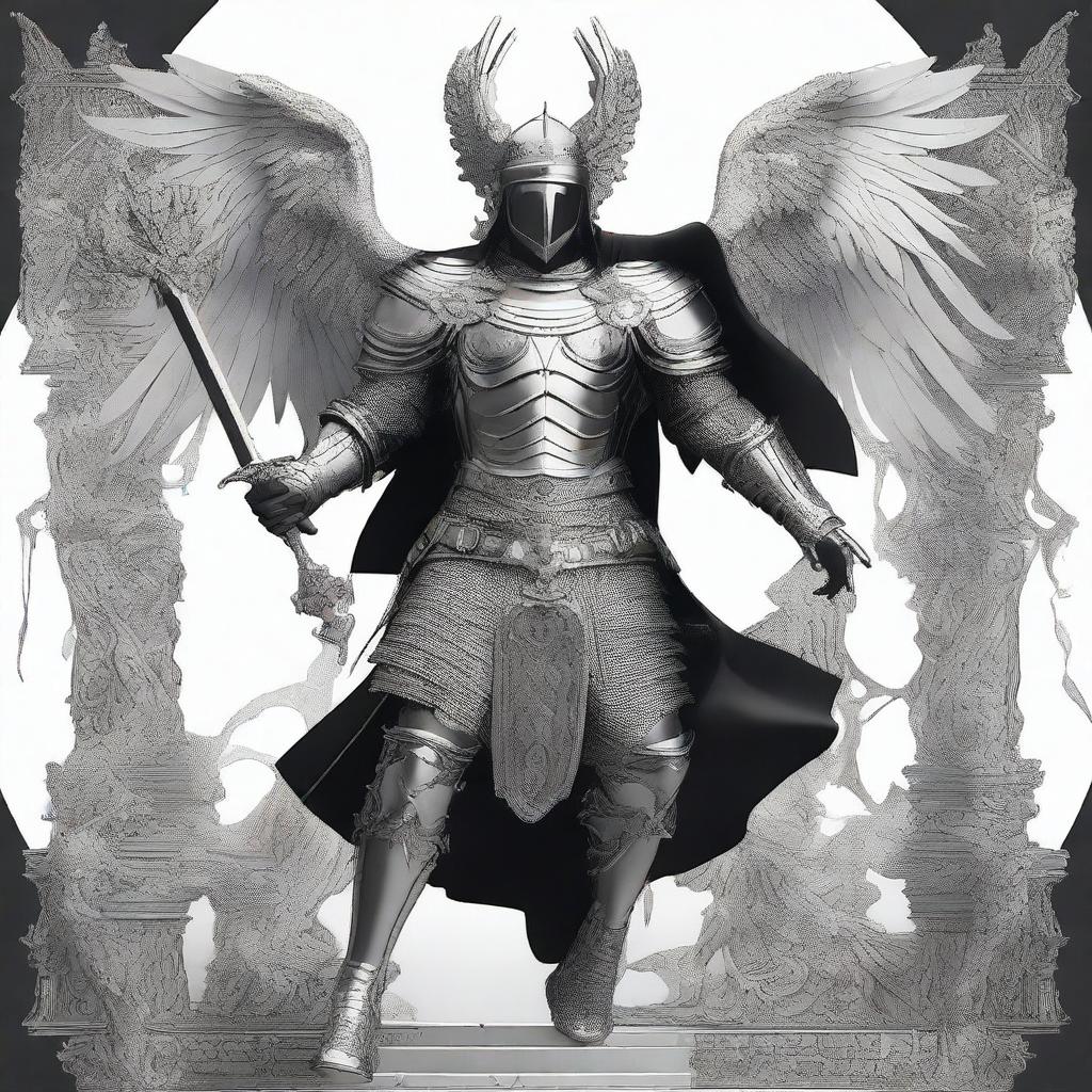 Design a compelling and edgy graphic 2D design that embodies Michael the archangel adorned in full armor fighting the dragon or Satan as read in the book of Revelation, infused with a masculine aesthetic inspired by @fearthelamb's TikTok channel