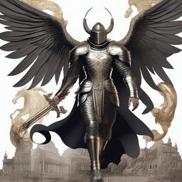 Design a compelling and edgy graphic 2D design that embodies Michael the archangel adorned in full armor fighting the dragon or Satan as read in the book of Revelation, infused with a masculine aesthetic inspired by @fearthelamb's TikTok channel