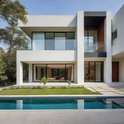 A modern Indian estate, that successfully blends contemporary architecture with traditional Indian elements. Sleek lines, minimalist design, with accents of vibrant colors and intricate details.