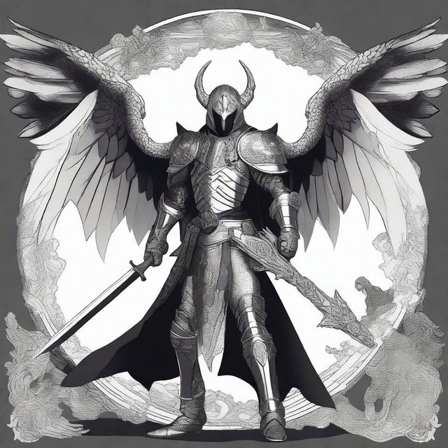 Design a compelling and edgy graphic 2D design that embodies Michael the archangel adorned in full armor fighting a big and terrifying dragon, infused with a masculine aesthetic inspired by @fearthelamb's TikTok channel