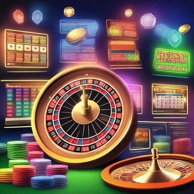 A vibrant and exciting online casino interface with slot machines, poker tables, and roulette wheels