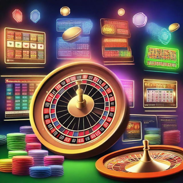 A vibrant and exciting online casino interface with slot machines, poker tables, and roulette wheels