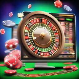 A vibrant and exciting online casino interface with slot machines, poker tables, and roulette wheels