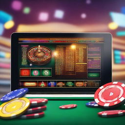 A vibrant and exciting online casino interface with slot machines, poker tables, and roulette wheels