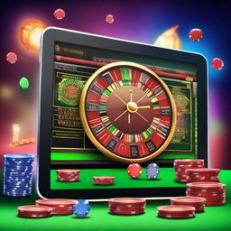 A vibrant and exciting online casino interface with slot machines, poker tables, and roulette wheels