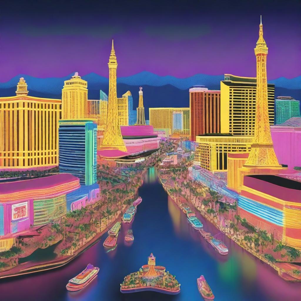 A vibrant and lively depiction of the Las Vegas Strip at night, showcasing the iconic neon lights, bustling crowds, and famous landmarks like the Bellagio fountains and the Eiffel Tower replica