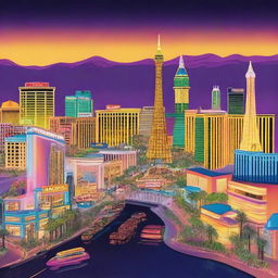 A vibrant and lively depiction of the Las Vegas Strip at night, showcasing the iconic neon lights, bustling crowds, and famous landmarks like the Bellagio fountains and the Eiffel Tower replica