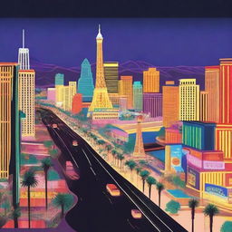 A vibrant and lively depiction of the Las Vegas Strip at night, showcasing the iconic neon lights, bustling crowds, and famous landmarks like the Bellagio fountains and the Eiffel Tower replica