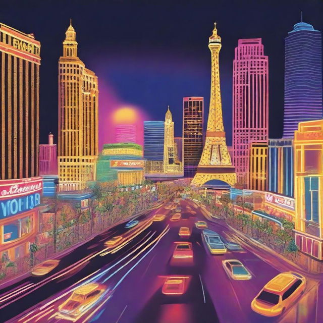 A vibrant and lively depiction of the Las Vegas Strip at night, showcasing the iconic neon lights, bustling crowds, and famous landmarks like the Bellagio fountains and the Eiffel Tower replica