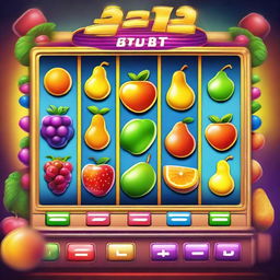 A vibrant and colorful slot game interface with spinning reels, various symbols like fruits, bells, and sevens, and a bright, engaging background