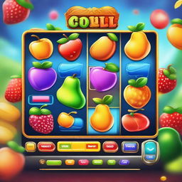 A vibrant and colorful slot game interface with spinning reels, various symbols like fruits, bells, and sevens, and a bright, engaging background