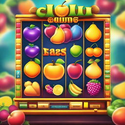 A vibrant and colorful slot game interface with spinning reels, various symbols like fruits, bells, and sevens, and a bright, engaging background