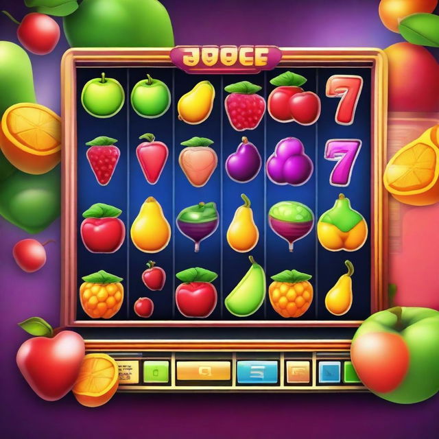 A vibrant and colorful slot game interface with spinning reels, various symbols like fruits, bells, and sevens, and a bright, engaging background