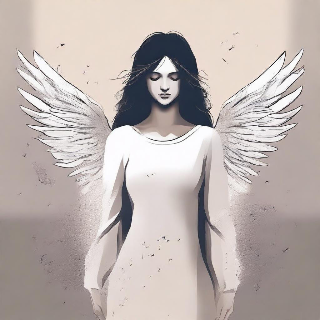 Create a book cover featuring a falling female angel with wings