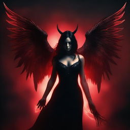 Create a book cover featuring a female demon with angel wings