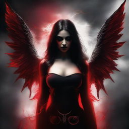 Create a book cover featuring a female demon with angel wings