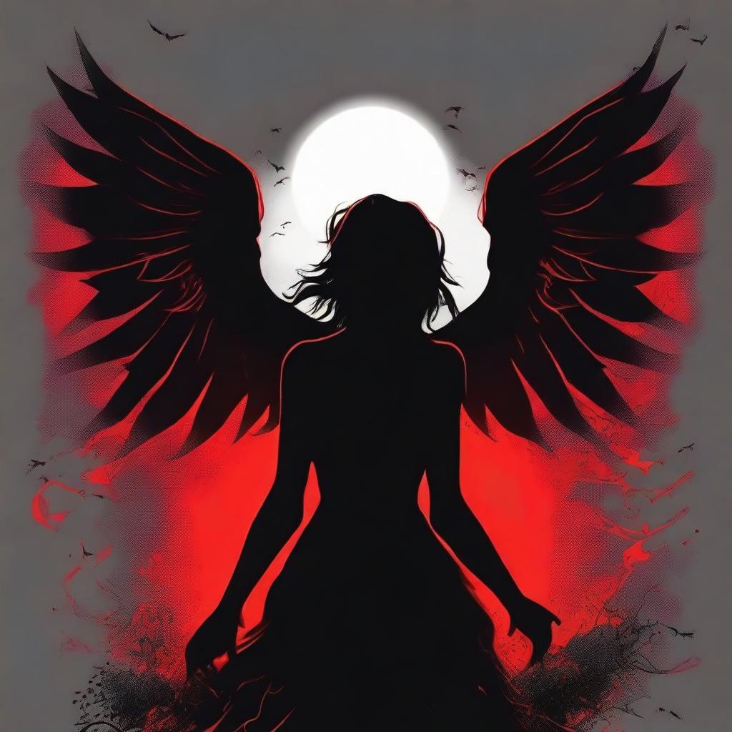 Create a book cover featuring a silhouette of a female demon with angel wings