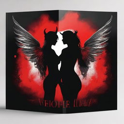 Create a book cover titled 'The Weight of Lies' featuring a silhouette of a female demon with horns and angel wings