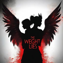 Create a book cover titled 'The Weight of Lies' featuring a silhouette of a female demon with horns and angel wings