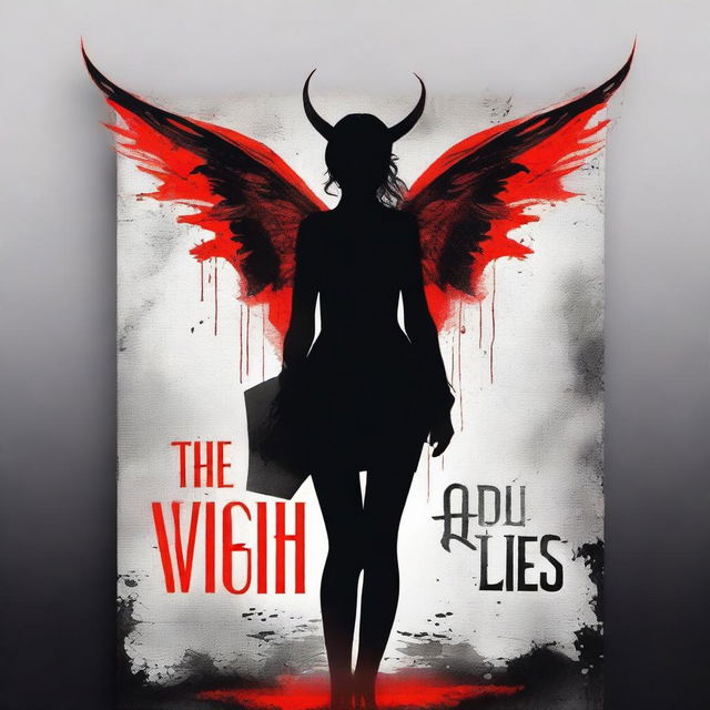 Create a book cover titled 'The Weight of Lies' featuring a silhouette of a female demon with horns and angel wings