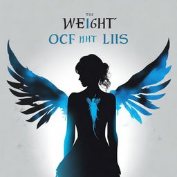 Create a book cover titled 'The Weight of Lies' featuring a silhouette of a female demon with angel wings