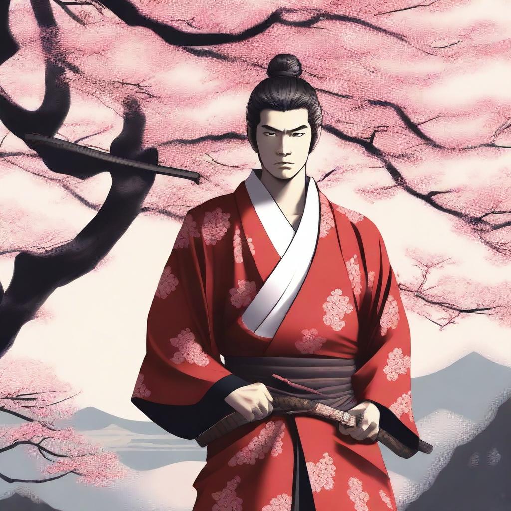 A short-haired samurai wearing a red kimono, standing in a traditional Japanese setting with cherry blossom trees in the background