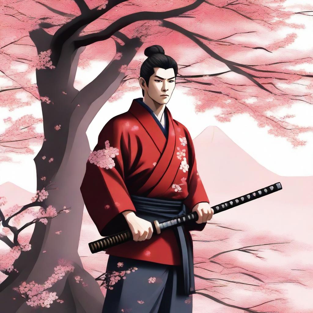 A short-haired samurai wearing a red kimono, standing in a traditional Japanese setting with cherry blossom trees in the background