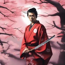 A short-haired samurai wearing a red kimono, standing in a traditional Japanese setting with cherry blossom trees in the background