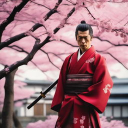 A short-haired samurai wearing a red kimono, standing in a traditional Japanese setting with cherry blossom trees in the background