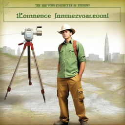 A modern schoolbook cover featuring a land surveyor