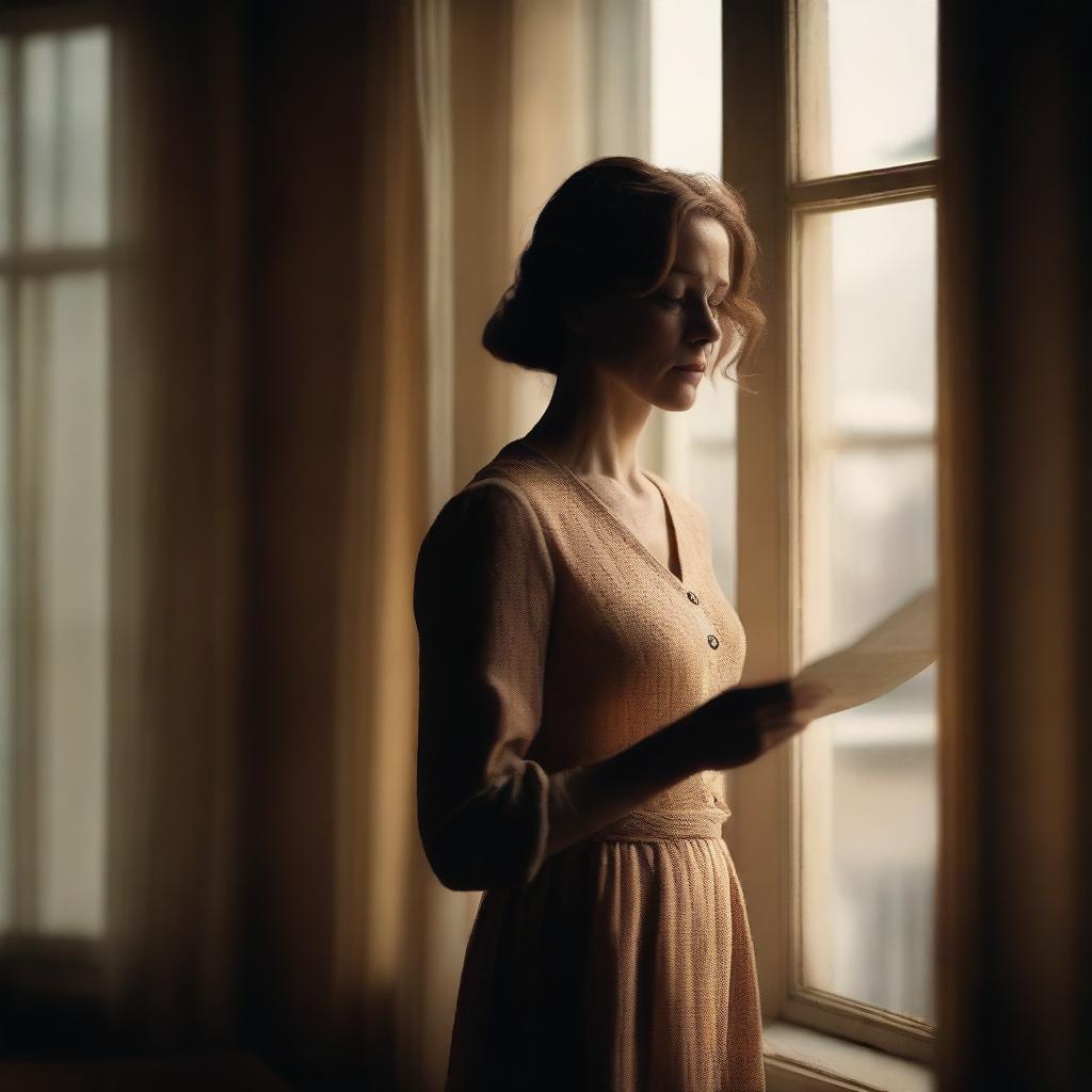 A cinematic movie poster featuring a woman in her 30s standing by a window, holding a letter from her mother in her hand