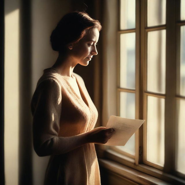 A cinematic movie poster featuring a woman in her 30s standing by a window, holding a letter from her mother in her hand