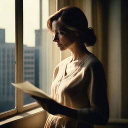 A cinematic movie poster featuring a woman in her 30s standing by a window, holding a letter from her mother in her hand