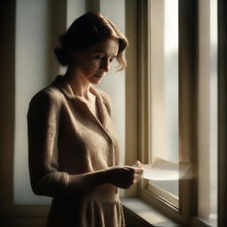 A cinematic movie poster featuring a woman in her 30s standing by a window, holding a letter from her mother in her hand