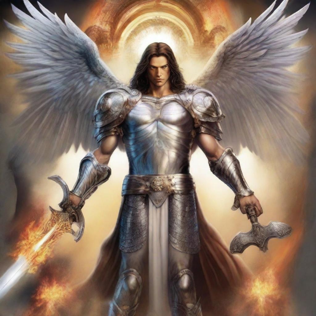 Create a highly detailed, masculine and dynamic 2D image of Michael the Archangel in full battle gear