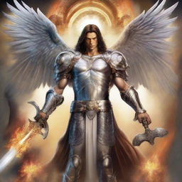 Create a highly detailed, masculine and dynamic 2D image of Michael the Archangel in full battle gear