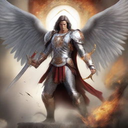 Create a highly detailed, masculine and dynamic 2D image of Michael the Archangel in full battle gear