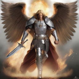 Create a highly detailed, masculine and dynamic 2D image of Michael the Archangel in full battle gear