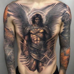 Create a highly detailed, masculine and dynamic 2D tattoo of Michael the Archangel in full battle gear