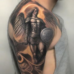 Create a highly detailed, masculine and dynamic 2D tattoo of Michael the Archangel in full battle gear