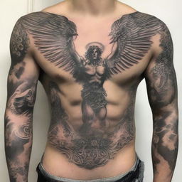 Create a highly detailed, masculine and dynamic 2D tattoo of Michael the Archangel in full battle gear