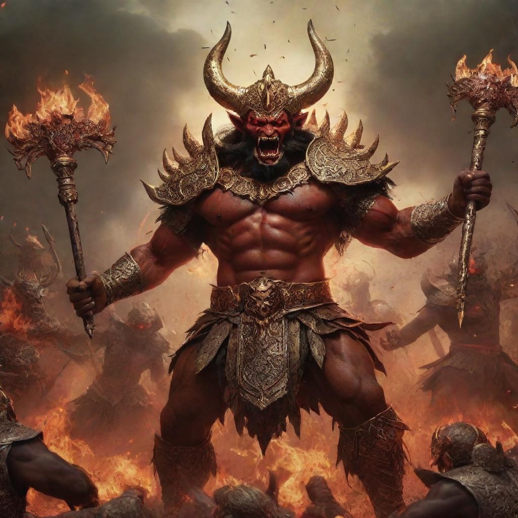 The 10-headed demon king, Ravan, engaged in battle, brandishing a golden mace, his fearsome red eyes glowing, set in a chaotic battleground full of arrows and warriors.