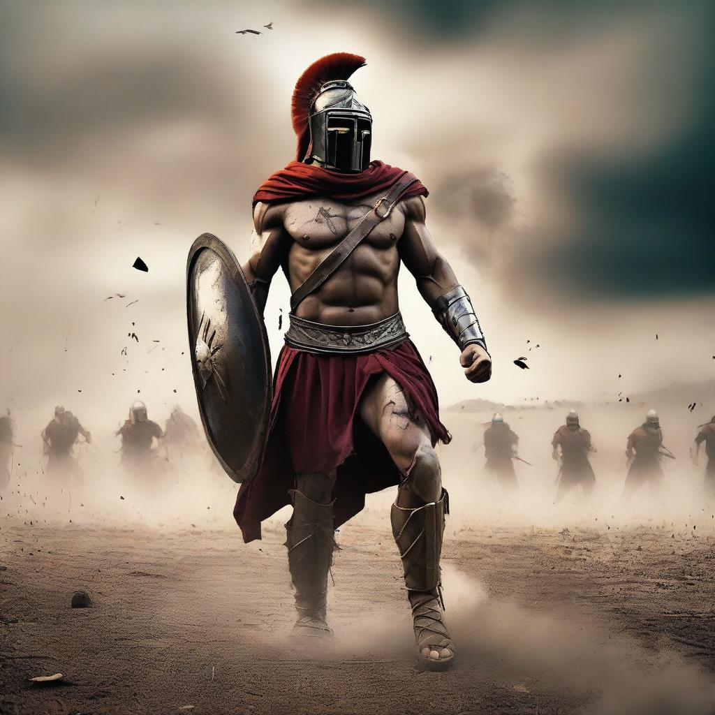 Create a cinematic scene of a Spartan warrior in the middle of a field of battle against Athens