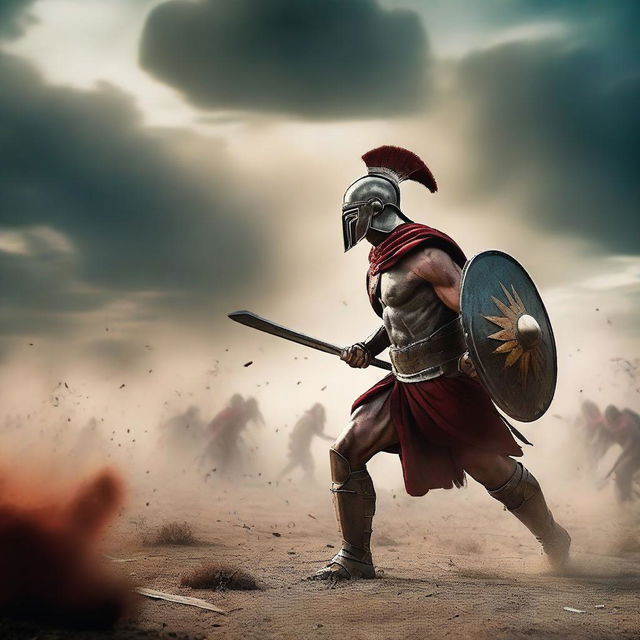 Create a cinematic scene of a Spartan warrior in the middle of a field of battle against Athens