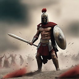 Create a cinematic scene of a Spartan warrior in the middle of a field of battle against Athens