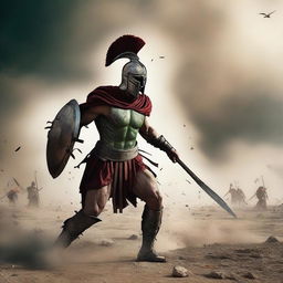 Create a cinematic scene of a Spartan warrior in the middle of a field of battle against Athens