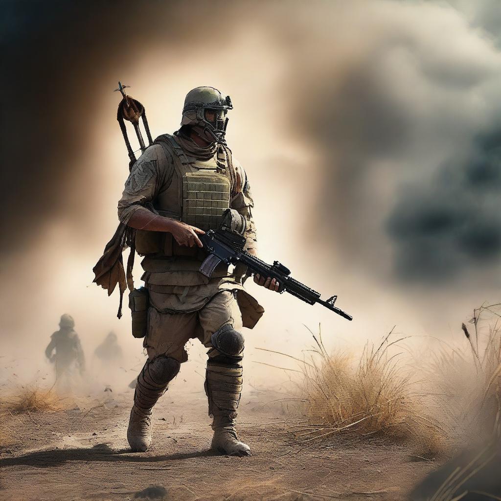 Create a cinematic scene of a soldier of Christ in battle gear in the middle of a field of battle against Athens