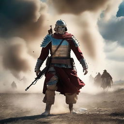 Create a cinematic scene of a soldier of Christ in battle gear in the middle of a field of battle against Athens